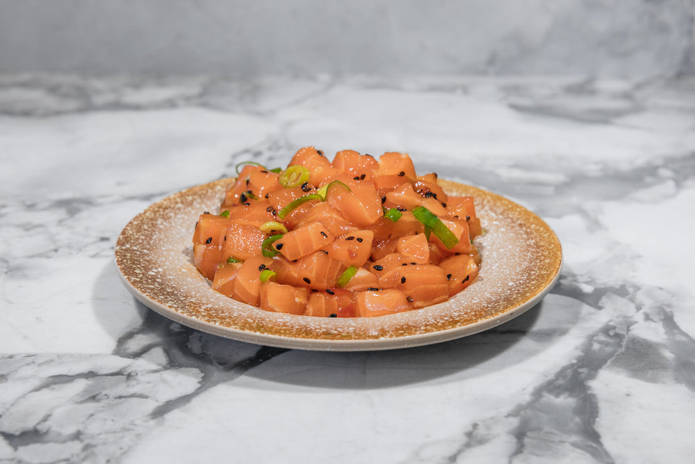 Raw diced marinated salmon